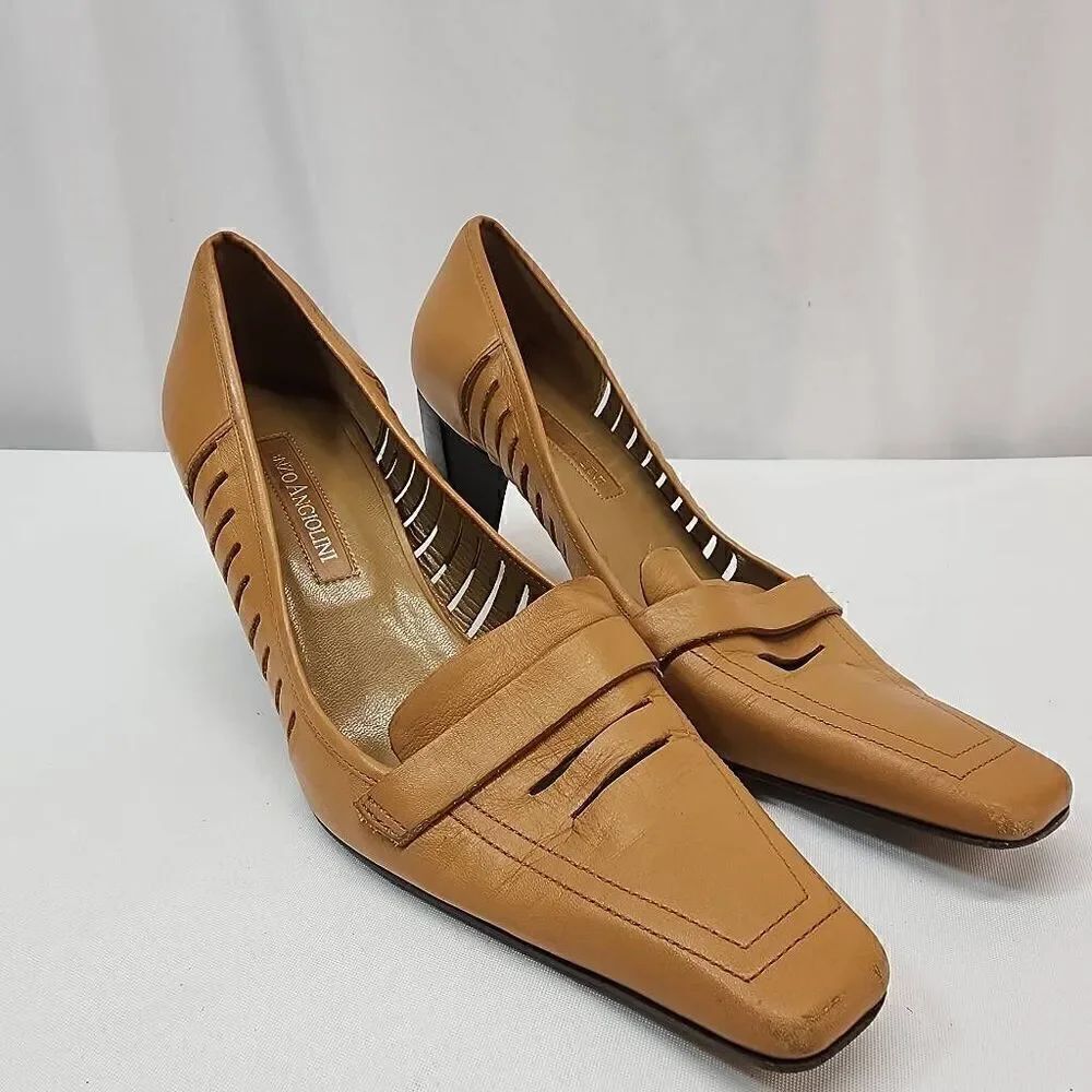 Enzo Angiolini Size 8.5 Tan Leather Square Toe Pump Heels L